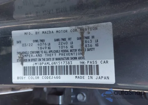 2022 Mazda Mazda3 Premium z USA, uszkodzony, nr VIN JM1BPAML6N1517383